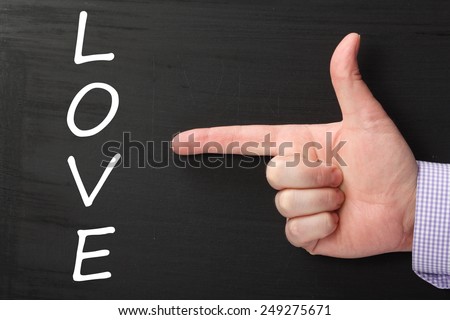 Hand pointing at the word LOVE written on a blackboard