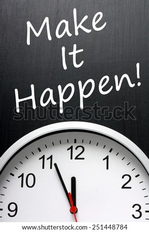 The phrase Make It Happen written on a blackboard next to a modern clock to emphasize the deadline