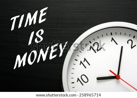 The phrase Time Is Money written on a blackboard next to a modern wall clock