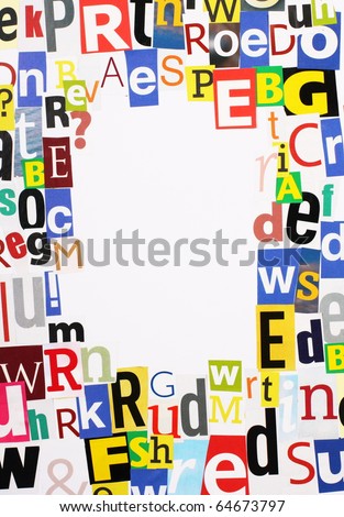 Random magazine letters cut out and arranged in a border around a white space for text