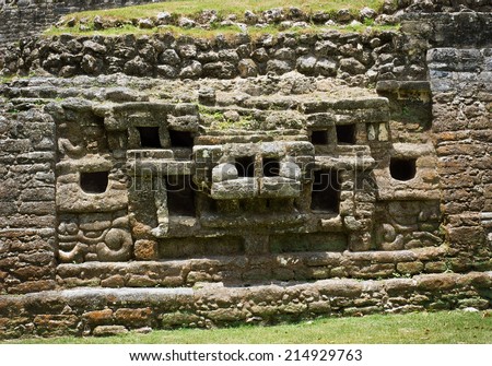 Close up of a Jaguar built into a Maya Temple in Belize.