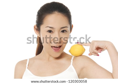 Portrait of beautiful beauty skin care -up and holding lemon,