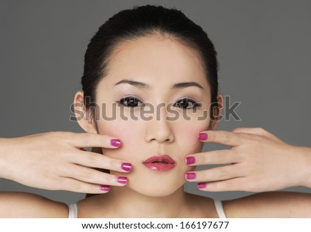 girl Skin care smile face close up and her touch health face