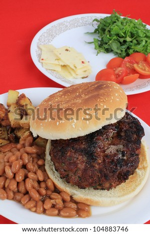 Spicy grilled hamburger sizzling hot and loaded with jalapeno chips and special seasoning served on sesame seed bun with beans, potatoes and selected fixings setting on bright red background.