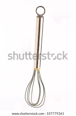 Closeup of flat whisk kitchen utensil with rubber-coated wire mesh isolated on white background.