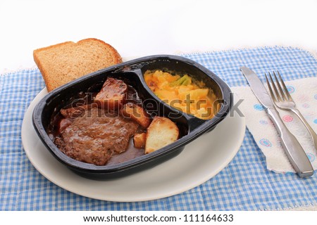 Salisbury steak and potatoes TV dinner in plastic dish on white plate against blue gingham place mat.