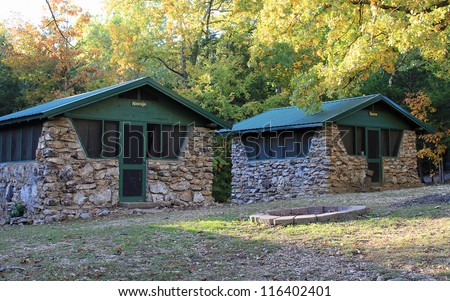 Cabins at very old Boy Scout camp built in 1916 on South Fork of Spring River in Hardy Arkansas. Each building is named for an Indian Tribe.  These are Navajo and Choctaw.