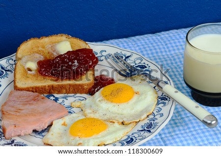 Two eggs fried sunny side up on blue plate with slice of ham and buttered toast with strawberry preserves.  Served with glass of cold milk on blue gingham place mat against blue background.