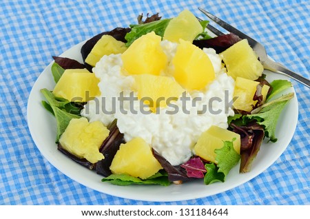 Pineapple chunks and cottage cheese on bed of lettuce.