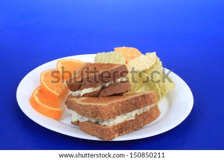 Tuna salad sandwich on white platter with veggie chips and orange slices against blue background.
