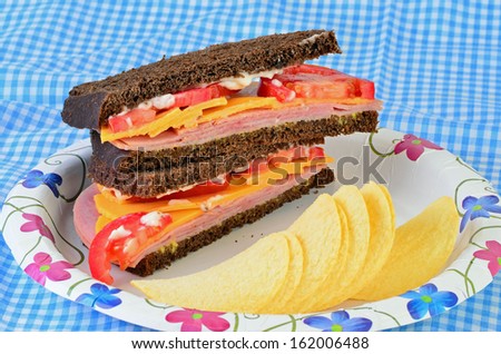Ham and Cheese sandwich on pumpernickel bread with sliced tomatoes and mayonnaise; Served on paper plate with potato chips.