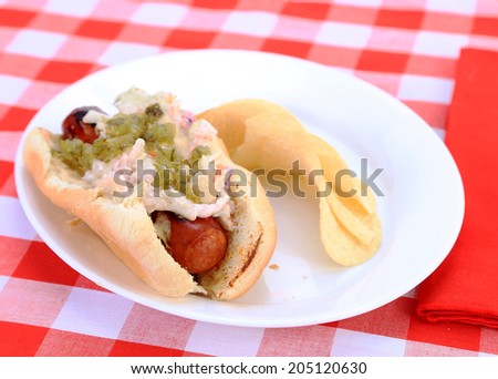Grilled sausage with spicy mustard on bun covered with coleslaw and pickle relish.  Served with chips on white platter against red plaid tablecloth background.  Back Light and Selective Focus