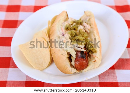 Grilled sausage with spicy mustard on bun covered with coleslaw and pickle relish.  Served with chips on white platter against red plaid tablecloth background.  Selective Focus, shallow DOF