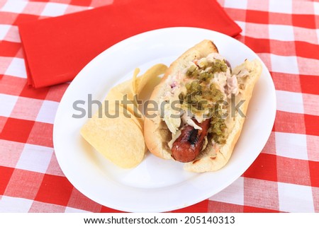Grilled sausage with spicy mustard on bun covered with coleslaw and pickle relish.  Served with chips on white platter against red plaid tablecloth background.  Selective Focus, shallow DOF