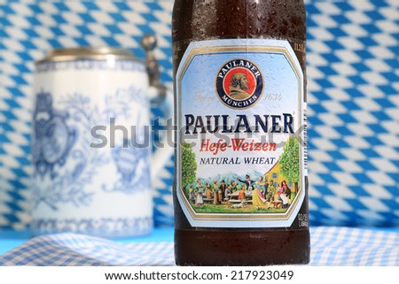 LLANO, TEXAS - SEPT 17, 2014: One of six major breweries in Munich, Paulaner has brewed beer in Bavaria since 1634.  The Paulaner Beer Tent is one of the most popular at annual Oktoberfest.