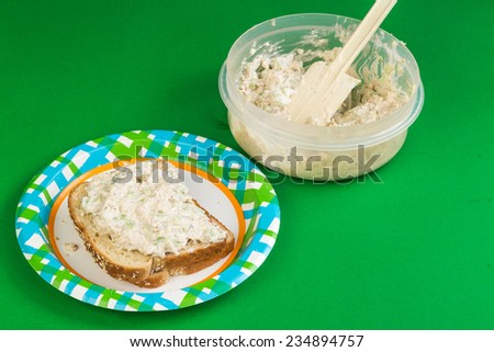 Chicken Salad Sandwich on twelve grain bread on paper plate with plastic bowl of chicken salad in background;  Green Background with copy space.
