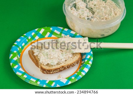 Spreading chicken salad from plastic bowl onto twelve grain bread with spatula.  Paper Plate on Green Background.