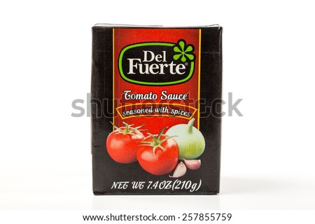LLANO, TEXAS-MAR 03, 2015:  Del Fuerte Tomato Sauce seasoned with spices is product of Hormel Foods that specializes in Mexican Food.  Note the box rather than can or bottle.