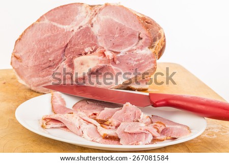 Thin slices of ham from baked pork shoulder to be used for sandwich.  Horizontal format on white background with copy space.