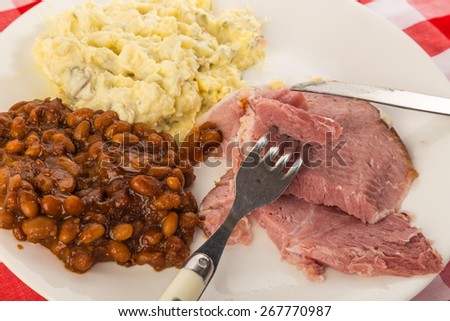 Bite cut from slice of ham on white plate with Southern Style Baked Beans flavored with brown sugar and molasses.  Red plaid tablecloth and potato salads add to country cooking setting.