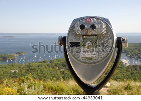 Coin operated telescope looking out across Penobscot Bay in Maine.
