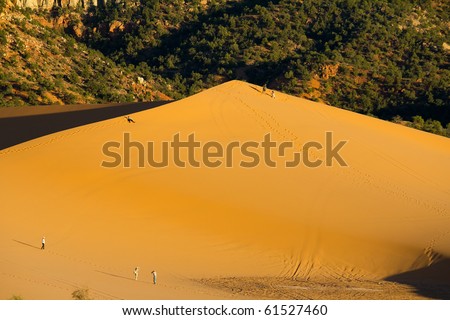 Warm evening light on hikers and tourists visiting Coral Pink Sand Dunes State Park near Kanab, Utah.