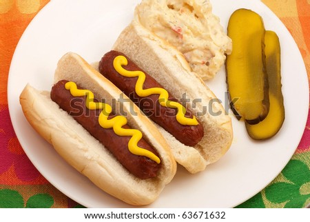 Two hotdogs on white plate with pickles and potato salad on a colorful place mat.