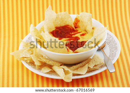 Cheese and Potato Soup with Tortillas and Salsa added to create the Hispanic or Mexican accent.  Chili con Queso dip with tortilla chips.