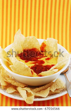 Cheese and Potato Soup with Tortillas and Salsa added to create the Hispanic or Mexican accent.  Chili con Queso dip with tortilla chips. (Vertical)