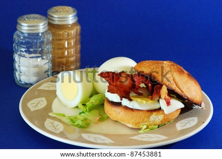 Plate with bacon and egg sandwich on toasted Kaiser Roll with lettuce, boiled eggs and salt and pepper shakers.