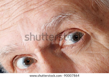 Closeup of man\'s eyes expressing emotions fear, shock, and surprise.