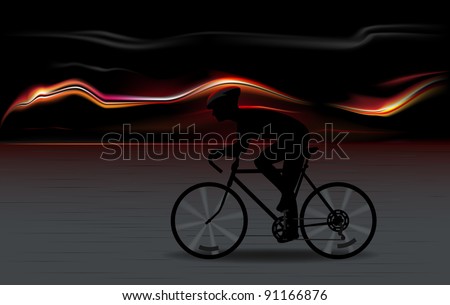 raster illustration of full speed bicycle rider silhouette with fiery background, vector version available