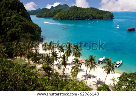 View from a above of a tropical beach in Thailand, image was taken in the 42 island area