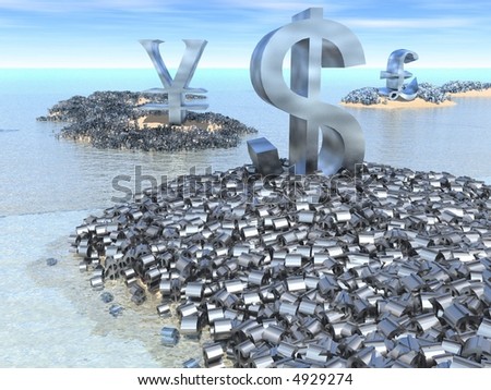 Giant dollar, yen and pound symbols sit on their land masses surrounded by a mass of smaller currency symbols.