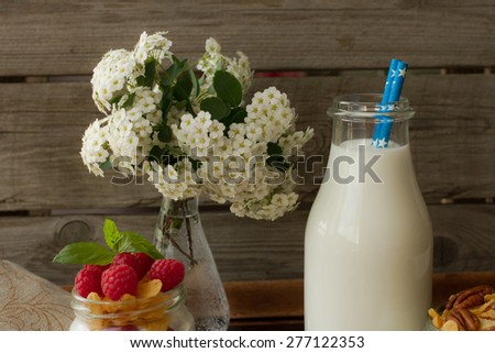 yogurt for breakfast with nuts, raspberry and milk. Diet for Women