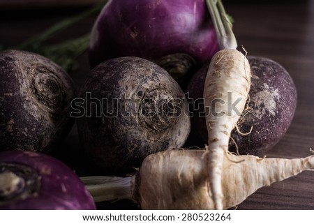 root vegetables from the garden on a brown background