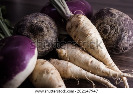 root vegetables from the garden on a brown background
