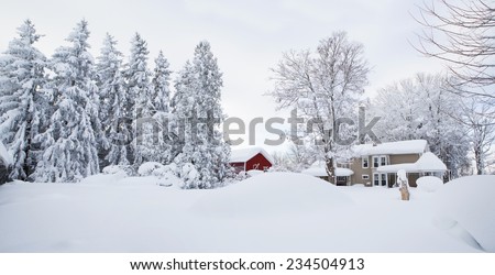 Winter wonderland. Snow covered Western New York landscape. With an old farm house and red barn draped in snow, this image is perfect as a Christmas / Holiday background.