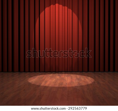 Render of a spotlight shining on a wood stage with red curtains.