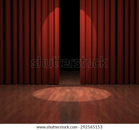 Render of red curtains opening with spotlight shining on wood stage floor.