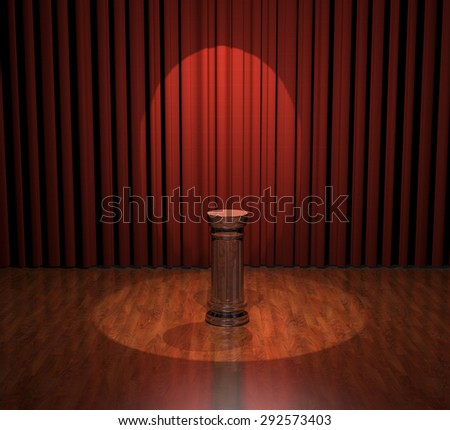 Render of a wood pedestal standing on a wood stage with red curtains.