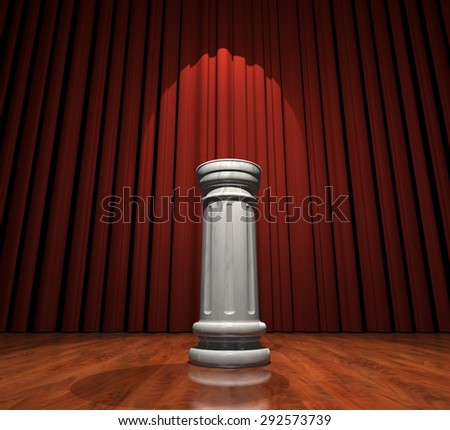 Render of a white marble pedestal standing on a wood stage with red curtains.