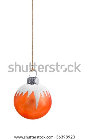 Orange christmas bauble with snow and silver clasp and gold string