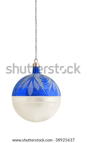 large blue glass christmas bauble with gold clasp and silver string