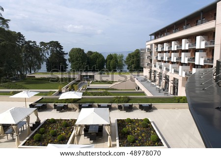 Balcony view of hotel room facing Lake Geneva in Switzerland