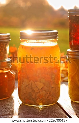 Glass jar of home canned chicken soup in autumn sunlight
