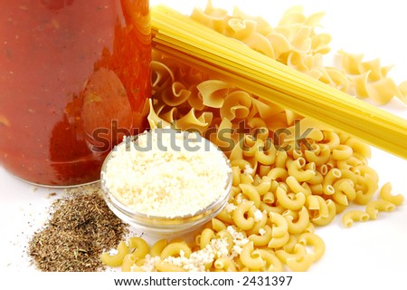 Pasta Ingredients -- Spaghetti, egg noodles, elbow macaroni, pasta sauce in a jar, grated parmesan cheese, and dried thyme isolated on a white background