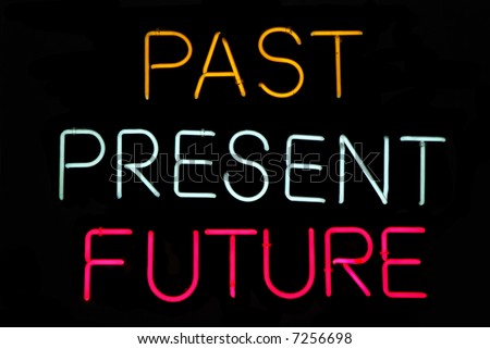 Past, Present, Future neon sign on black