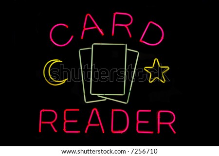 Illuminated tarot card reader neon sign on black