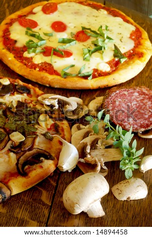 Rustic mushroom and roasted garlic pizza on a vintage oak table